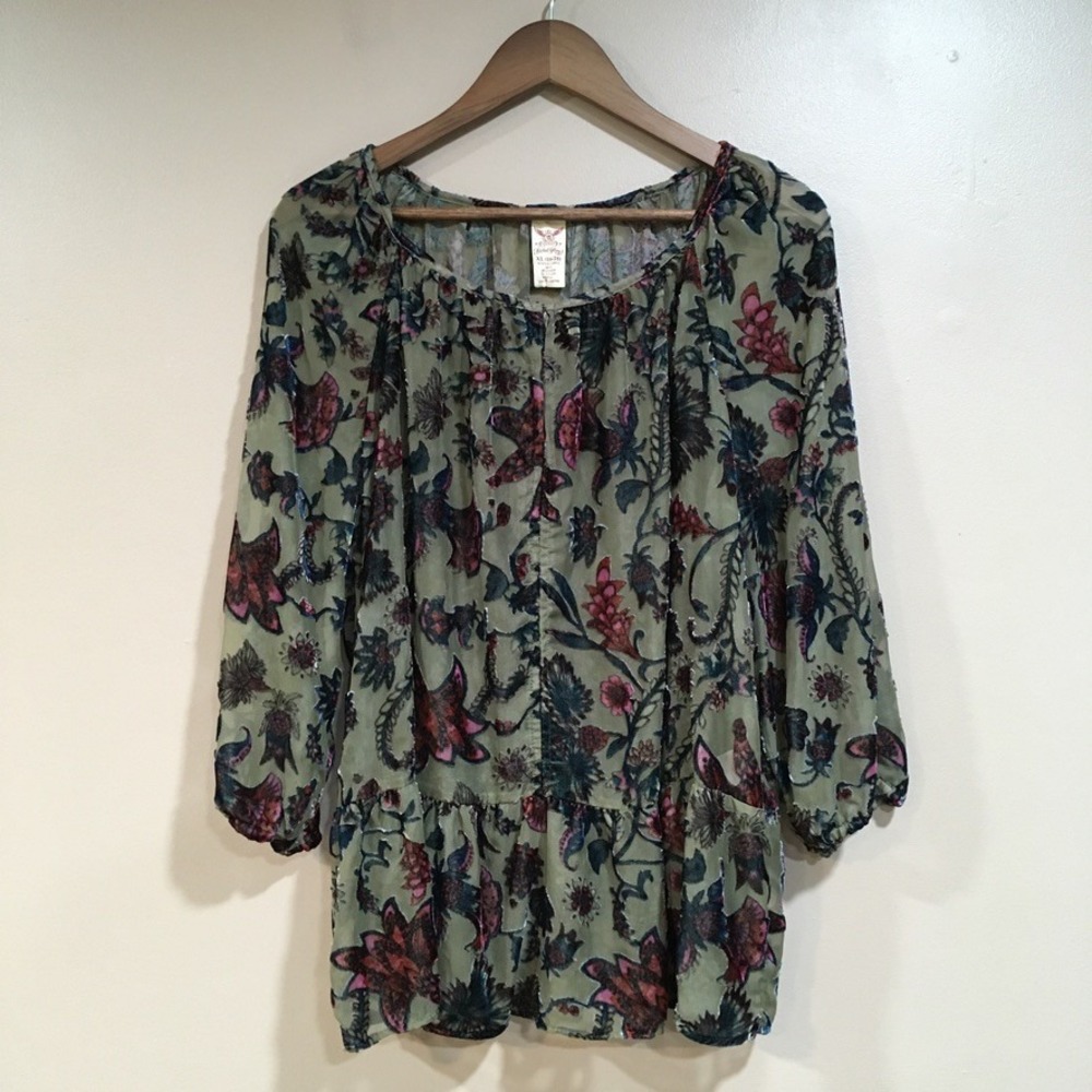 Dark Floral Burnout Velvet Top Womens XL Green Whimsigoth Forest Fairy Grunge